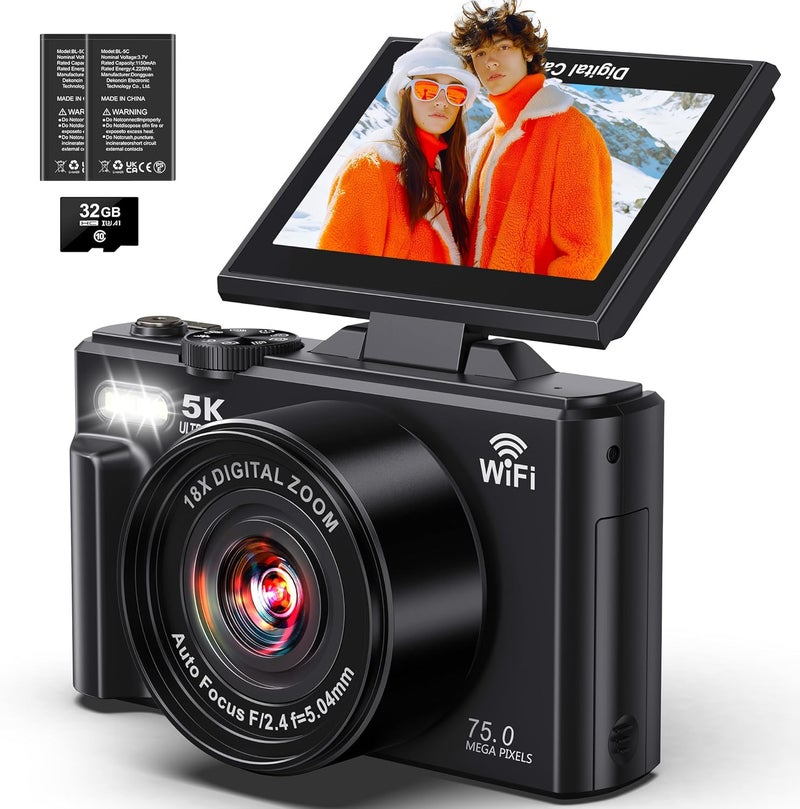 Pedtail 5K Digital Camera - WiFi 75MP Cameras for Photography - UHD Vlogging Camera for YouTube with 3" 180° Flip Screen - Autofocus Compact Video Travel Camara with 18X Zoom, 32GB SD Card, 2 Batteries - Image 1